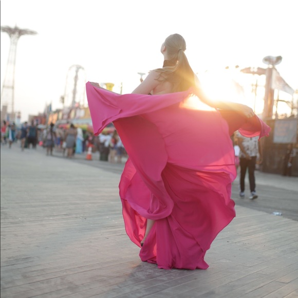 💕 AQ/AQ Opium Halter Cross Neck Cerise Pink High Low Asymmetric Prom Maxi Dress - Picture 13 of 13